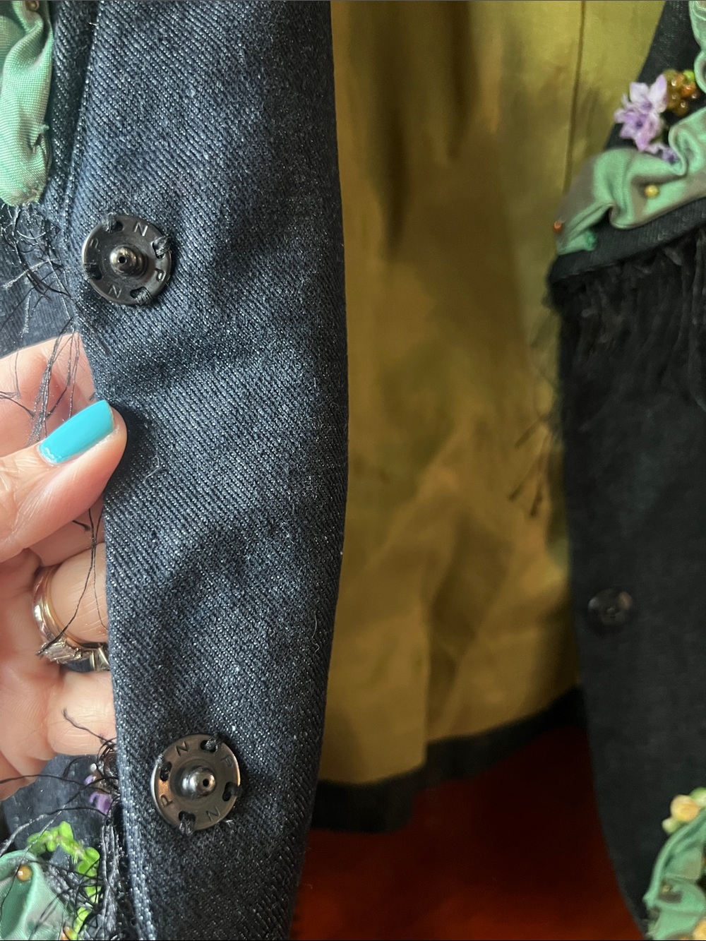 RARE MARY FRANCES Black Denim Jacket with Beaded/Embellished Fruits Size Small - Picture 13 of 16